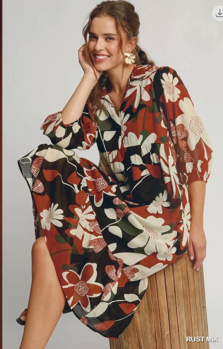 Umgee - Boho Floral Abstract Tiered Midi Dress - Large